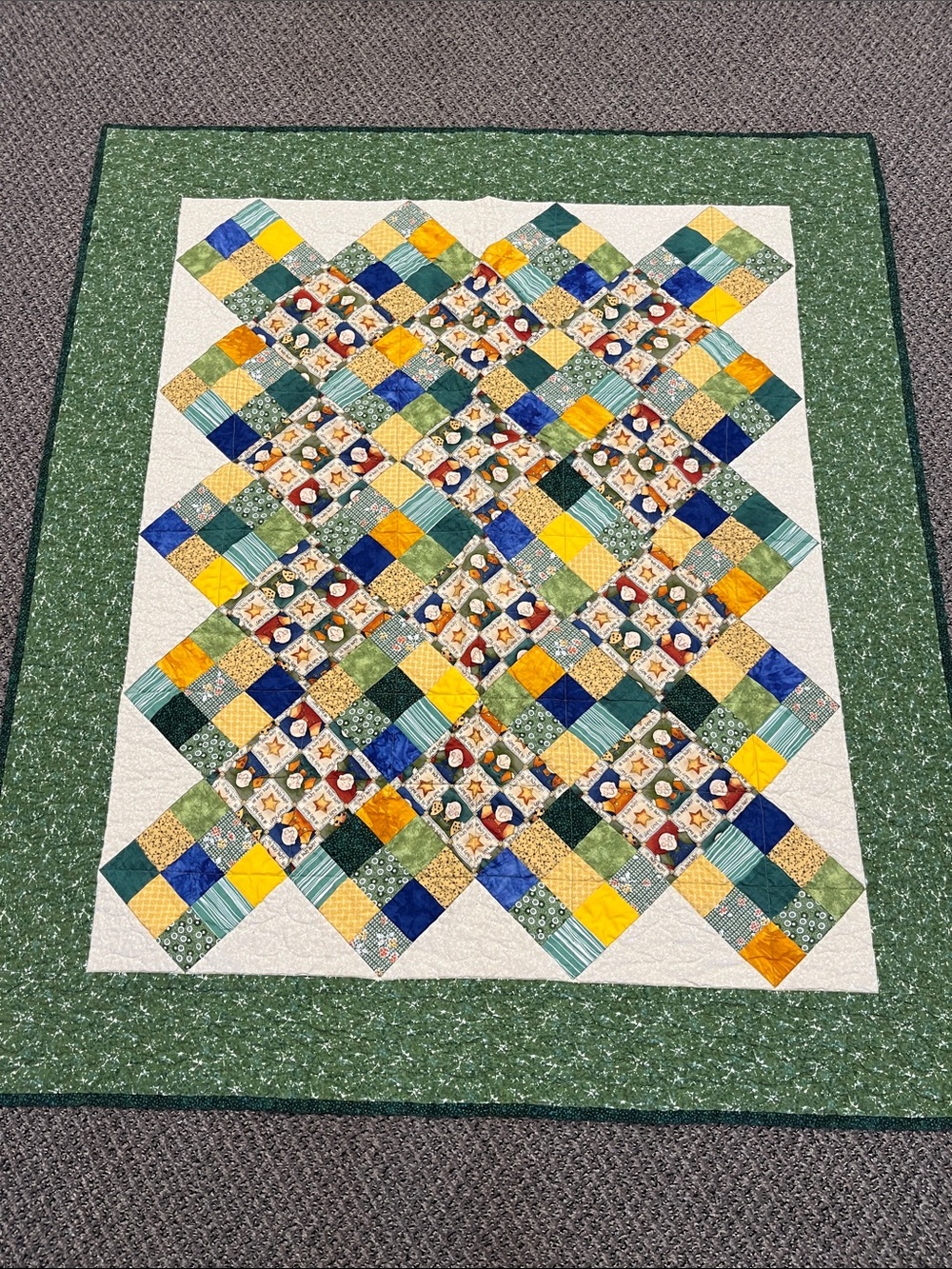 Handmade Green & Multi-Color Patchwork Quilt    42x48.  Whimsical Graphic